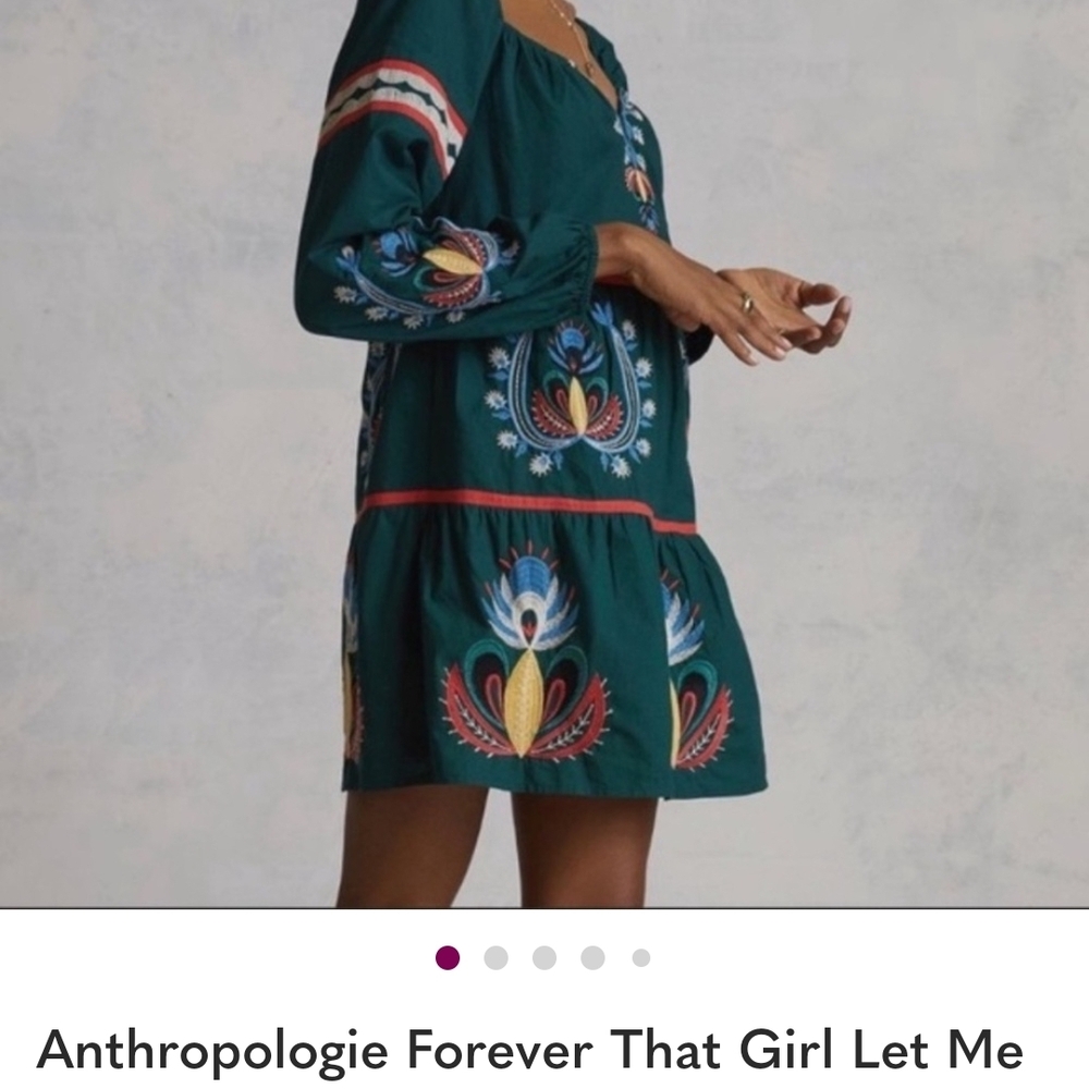 Anthropologie Teal Embroidered Mini Dress